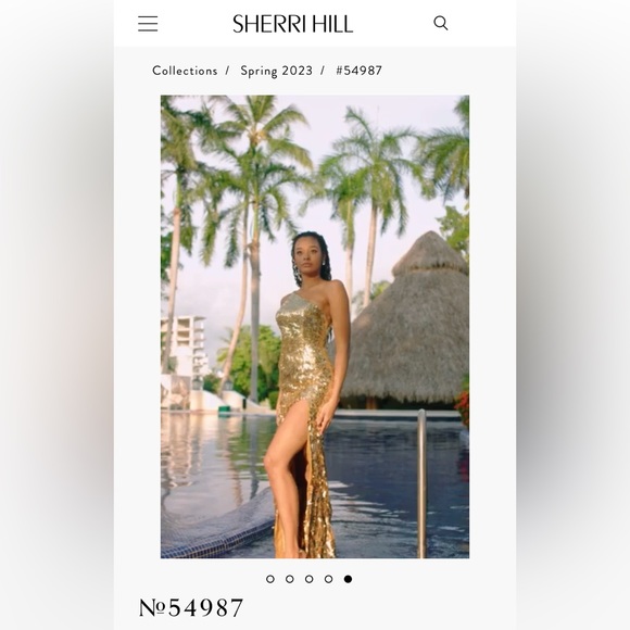 Sherri Hill No. 54987: Gold one shoulder sequin gown with high slit skirt. - Picture 4 of 4